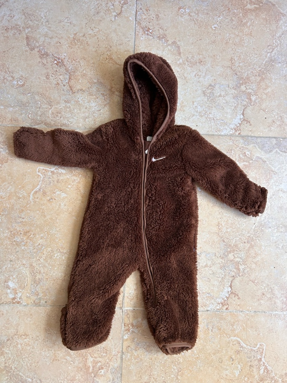 Nike Brown Sherpa Hooded Footie One-Piece for baby size 6 months